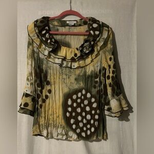 Dressbarn Artistic Ruffled Blouse in Green and Brown